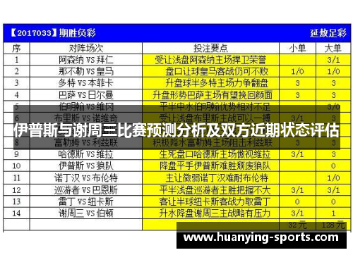 伊普斯与谢周三比赛预测分析及双方近期状态评估